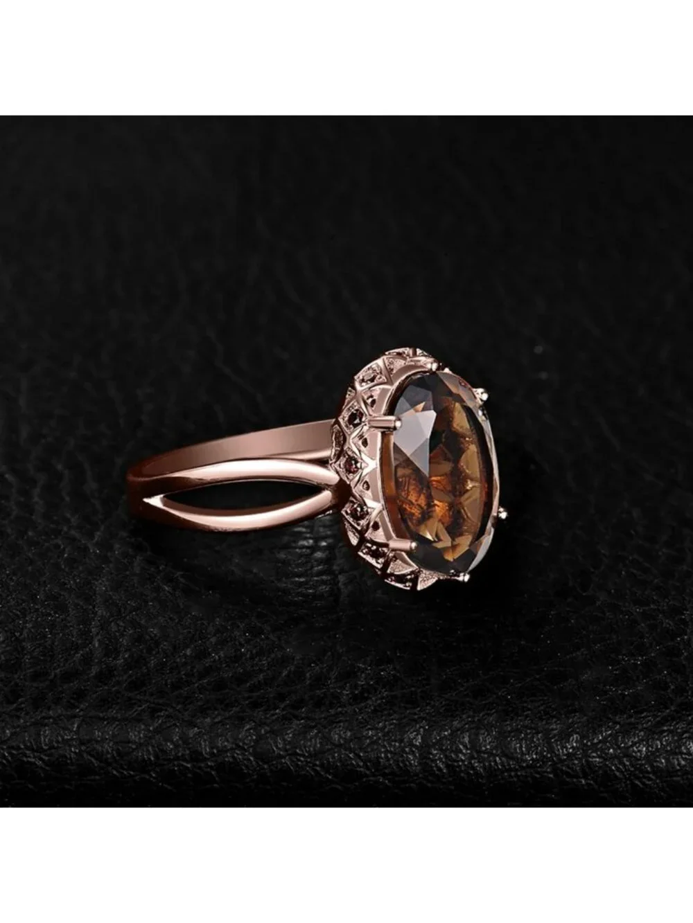 Stunning 5.7ct Oval Smoky Quartz Cocktail Ring, 14K Gold Plated Sterling Silver